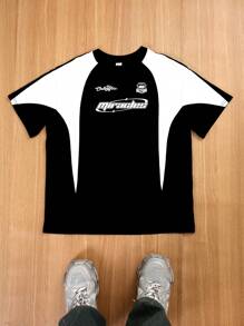 SHEIN T-shirt à manches courtes pour garçon préadolescent, style sportif coréen casual avec bloc de couleurs et imprimé. Convient pour le trajet, l'école, le casual quotidien, les sports, le printemps/été