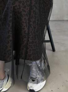 FRIFUL 女士网纱撞色豹纹印花半身裙 - 棕色 - 查看 2