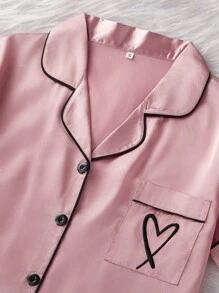 LuxeNights 2 件仿丝心形刺绣短袖上衣和裤子睡衣套装：衬衫和裤子，粉色睡衣，舒适优雅细节 - 粉色 - 查看 5