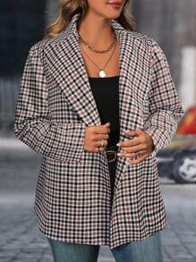SHEIN LUNE Plus Size Women Checkered Lapel Collar Double-Breasted Casual Blazer Jacket, Autumn