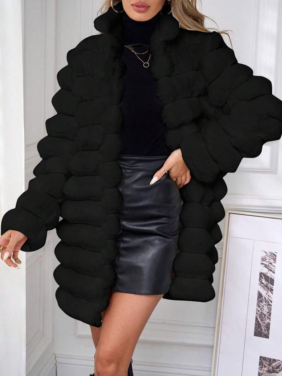 Women's Solid Color Long Sleeve Open Front Loose Fluffy Collar Jacket, Winter - Black - View 1