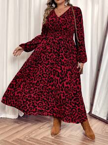 SHEIN VCAY Plus Size Lantern Sleeve V-Neck Leopard Print Dress, Vacation Style