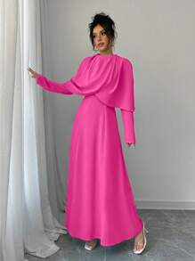 Elenzga Robe longue élégante, plissée, à manches longues, col rond, de couleur unie, pour femmes en automne - Rose vif - Voir 4