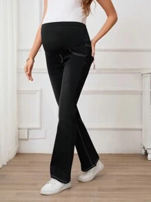 SHEIN 孕妇纯色喇叭牛仔裤，休闲时尚，适合日常穿着 - 黑色 - 查看 6