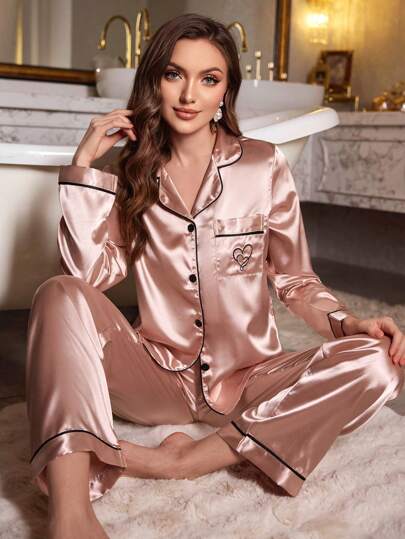 LuxeNights Contrast Lapel Pockets Geborduurde Pajama Set, Fall Clothes Cozy Elegante