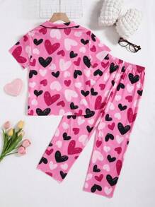 SHEIN Tween Girl Valentine's Day 2pcs Outfit,Cute Pink And Black Heart Print Short Sleeve Shirt And Pajama Pants Set,Summer Sleep Comfortable Sleepwear - Pink - View 2