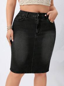 EMERY ROSE Plus Size Women Pocketed Bodycon Casual Denim Skirt - Black - View 6