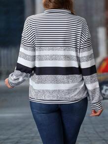 SHEIN LUNE Plus Size Women Striped Top, Autumn/Winter New Arrival - Black - View 2