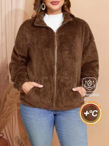 EMERY ROSE Plus Size Women's Plain Drop Shoulder Long Sleeve Fleece Zip-Up Casual Jacket, Autumn/Winter - Brown - View 4