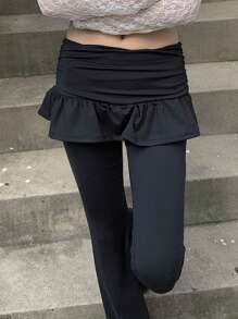 DAZY Women's Solid Color 2 In 1 Skirt With Fitted Stretch Pants, Black, All Season