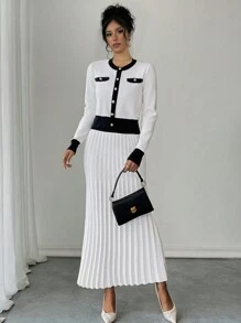 Chiquease مجموعة من التنورة اللون الرائعة + الكارديجان لفصل الخريف/الشتاء, 2 قطعة - أبيض - مشاهدة 1