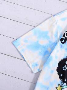 Teen Girl Casual Street Chic Girl Portrait Tie Dye Print T-Shirt - Baby Blue - View 5