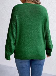 EMERY ROSE Plus Size Women Solid Color V-Neck Hollow Long Sleeve Pullover Sweater For Autumn/Winter Knit Pullover Fall - Green - View 2