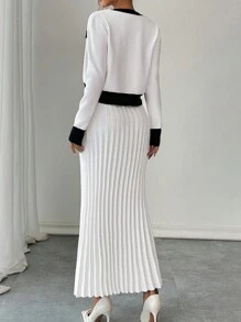 Chiquease مجموعة من التنورة اللون الرائعة + الكارديجان لفصل الخريف/الشتاء, 2 قطعة - أبيض - مشاهدة 2