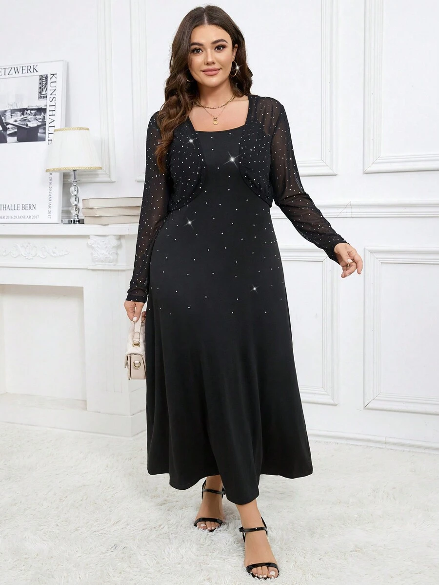 SHEIN Clasi Plus Size Women Rhinestone Mesh Long Sleeve Jacket And Slip Dress Elegant Fashion 2 Pieces Set - Black - View 1