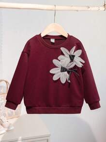 SHEIN 年轻女孩优雅休闲百搭运动衫，3D 花卉图案，圆领，黑色，适合秋季、冬季、日常穿着和正式场合、假日、夏季、旅行 - 酒紅色 - 查看 5