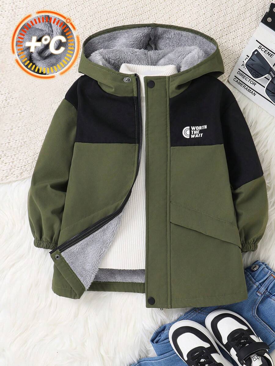 SHEIN 1pc Young Boys' Casual Military Green,Black Patchwork Loose Hooded Fleece Jacket,Winter,Career Day,Back-To-School Warm Outing School Gathering Coat - Multicolor - View 1