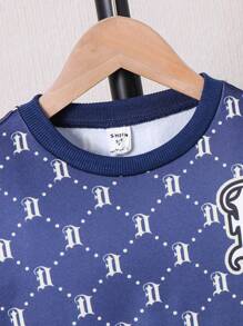 2 件男童休闲可爱舒适字母菱形印花宽松圆领运动衫和裤子套装，适合旅行、上学、日常聚会、秋冬季 - 彩色 - 查看 3