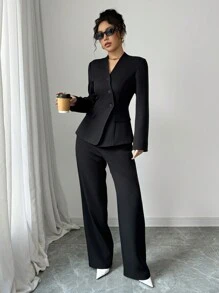 Elenzga Elegant Work Attire V-Neck Slim Fit Single Breasted Women Suit Set, Autumn