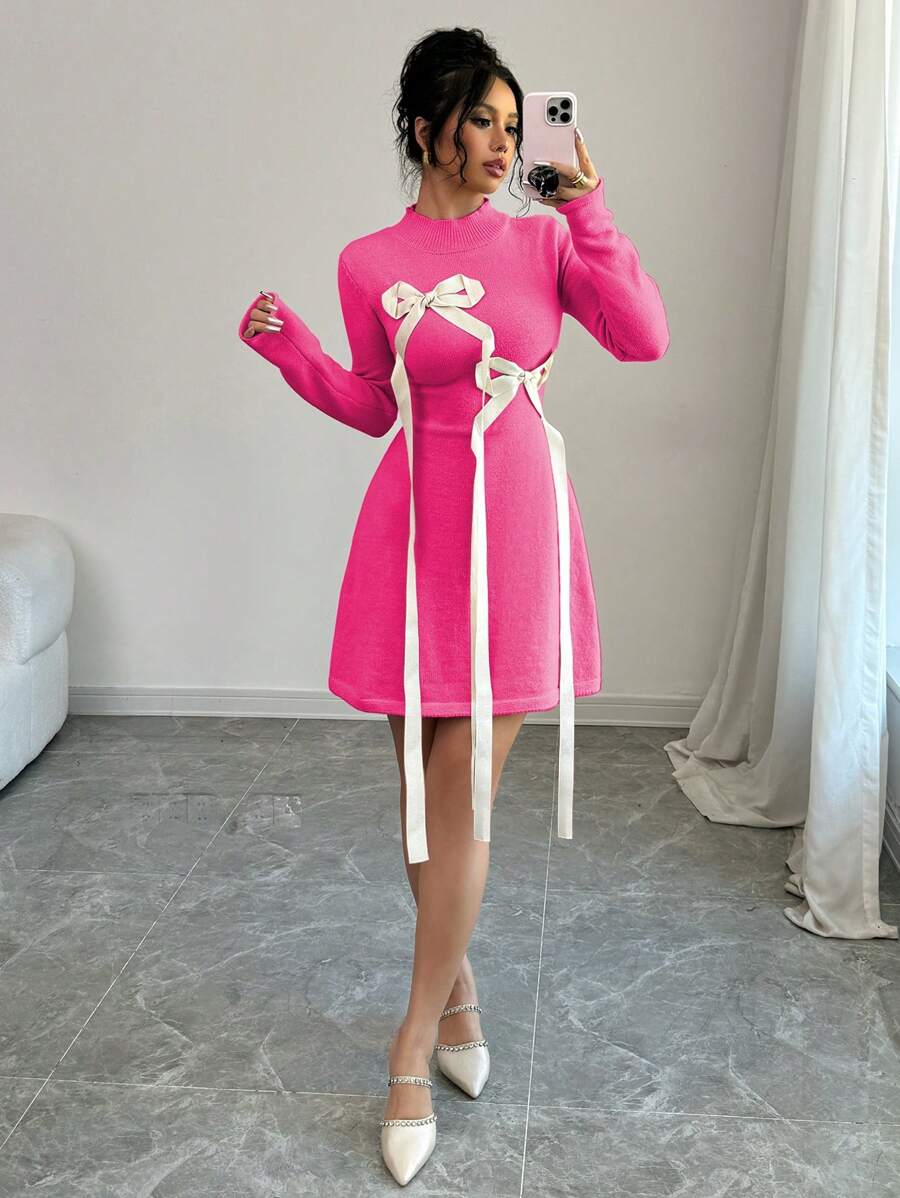 Selianne 女士蝴蝶结装饰腰部毛衣连衣裙 - 玫紅色 - 查看 1