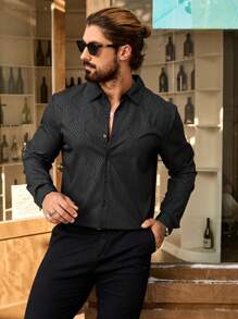 Manfinity CasualCool Men's Long Sleeve Dark Flower Bud Striped Casual Shirt, Simple And Fashionable, Father Gifts, Daily Wear