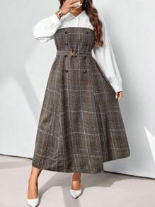 SHEIN Clasi Plus Size Women Autumn Patchwork Plaid Double Breasted Long Sleeve 2 In 1 Elegant Dress Maxi Women Outfit