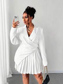 Maweii Ensemble deux pièces grande taille, veste col V à rayures asymétrique et mini-jupe