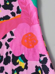 SHEIN Tween Girl Casual Cute Leopard Furry Cat Ear Patchwork Colorblock Dress - Hot Pink - View 5