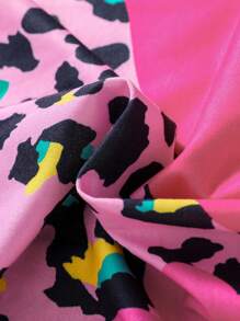 SHEIN Tween Girl Casual Cute Leopard Furry Cat Ear Patchwork Colorblock Dress - Hot Pink - View 3