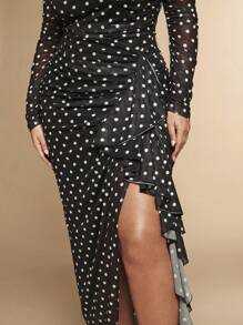 SHEIN BAE Plus Size Autumn Elegant Casual Elegant Sexy Sweet Woman Black Polka Dot Mesh Print Off Shoulder Asymmetrical Ruffle Hem High Slit Long Dress - Multicolor - View 7