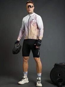 Manfinity Sport Polished Letter Print Tie-Dye Zipper Closure Collar Long Sleeve Cycling Jersey With Pockets - Multicolor - View 7