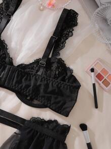 大码女式蕾丝网眼撞色性感内衣 - 黑色 - 查看 5