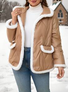SHEIN Clasi Curvy Plus Size Women's White Fluffy Paneled Single Breasted Quilted Casual Jacket,Winter Fleece-Lined Coat For Hiking Outings,Abrigos - Apricot - View 9
