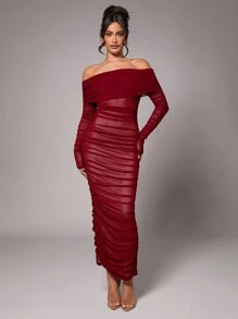 Silquee Váy trễ vai thanh lịch cho nữ, màu đỏ tía, vải lưới co giãn, hoàn hảo cho tiệc cocktail, đêm hẹn hò, sự kiện trang trọng, đám cưới, phù dâu, Halloween, Giáng sinh, đi làm hàng ngày - rất ăn ảnh, ngày lễ tình nhân, váy ngày lễ tình nhân, sở thích của các cô gái mặc trong lễ hội, màu đỏ tía, váy midi một bên vai cá tính - Màu Đỏ Sâu - Xem 1