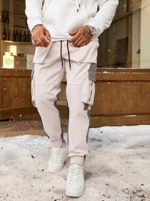 Manfinity Homme Men's Contrast Color Drawstring Casual Trousers, Multi-Pocket Design Fashionable Flap Pocket Side Overalls - Apricot - View 2