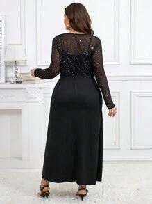 SHEIN Clasi Plus Size Women Rhinestone Mesh Long Sleeve Jacket And Slip Dress Elegant Fashion 2 Pieces Set - Black - View 2