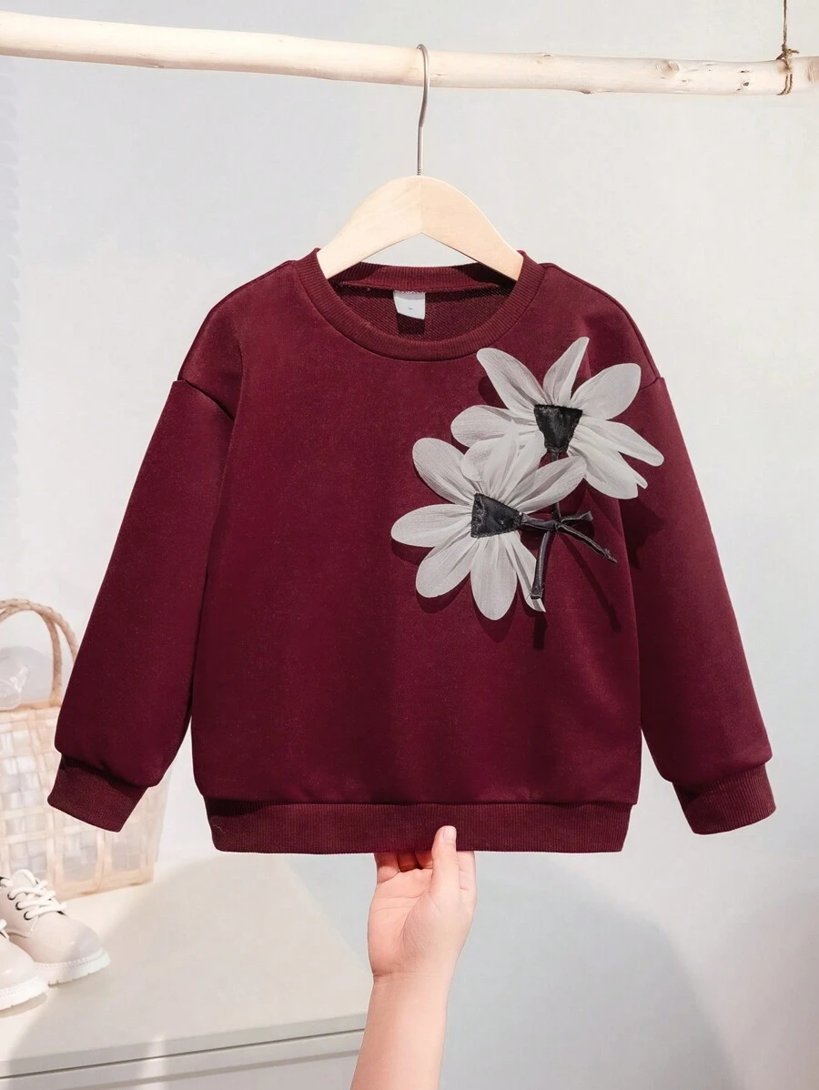 SHEIN 年轻女孩优雅休闲百搭运动衫,3D 花卉图案,圆领,黑色,适合秋季、冬季、日常穿着和正式场合、假日、夏季、旅行 - 酒紅色 - 查看 1