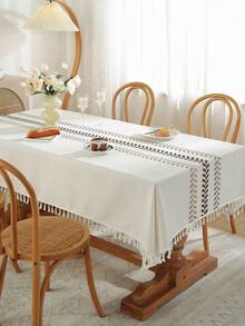 1pc Waterproof Embroidered Tablecloth, Polyester Fabric, Leaf Pattern, Rectangular Shape, Suitable For Living Room, Dining Room, Party, Home Decor, Bedroom Decor, Dining Table Decor - Beige - View 6
