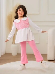 SHEIN 2pcs Young Girls Sets, Cute Bell Sleeve Blouse And Flared Mixed Color Pants; Can Match With Various Jackets, Coats, And Sweaters - Pink - View 5