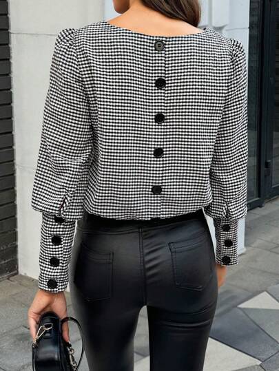 EMERY ROSE Women's Autumn Plaid Puff Sleeve Elegant Shirt With Single-Row Buttons At Back Fall Cloth For Women