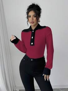 Elenzga Women's Sporty Contrast Color Collar Sweater, Casual And Fashionable For Daily Wear
