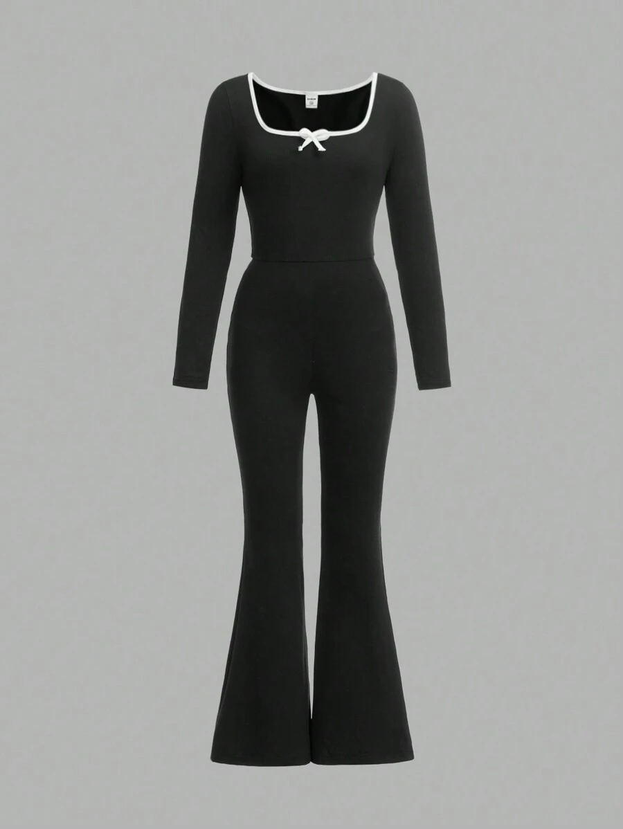 Square Neck Long Sleeve Flare Jumpsuit