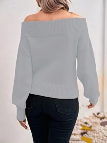 SHEIN Clasi Suéter elegante de mujer con hombros descubiertos, con tachuelas y perlas falsas de punto, de moda para otoño/invierno, jersey de punto de otoño - Gris - Ver 2