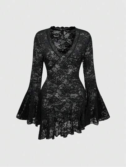 Goth V-Neck Lace Trim Solid Color Flare Sleeve Mini Dress For Women, Slip Dress