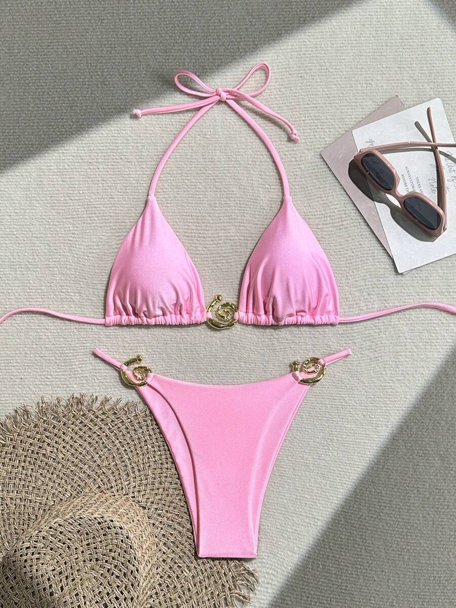 SHEIN Swim 女士纯色时尚性感比基尼套装夏季 - 粉色 - 查看 1