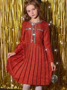 SHEIN Vestido elegante de manga larga con pliegues para niñas preadolescentes, ideal para usar al aire libre y para ir y venir en otoño, primavera e invierno, Vestido rojo