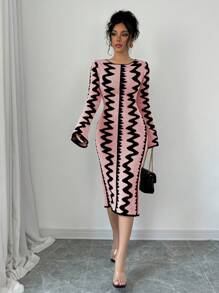 Elenzga Đầm bó sát dệt kim Jacquard thanh lịch cho nữ - Màu Hồng baby - Xem 5