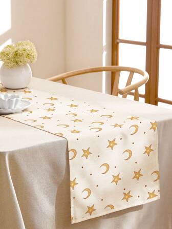 Guldmåne och stjärna Ramadan vittryckt linnebordslöpare, lämplig för kök, matsal, skänk och dekoration av skåp