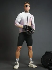 Manfinity Sport Polished Letter Print Tie-Dye Zipper Closure Collar Long Sleeve Cycling Jersey With Pockets - Multicolor - View 6