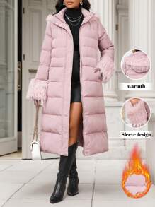 SHEIN Lady Chaqueta acolchada de algodón rosa para mujer con diseño de parches acolchados esponjosos, elegante, cálida y cortavientos. Chaqueta acolchada de invierno para mujer, ropa de mujer, abrigo de mujer. - Rosa - Ver 2